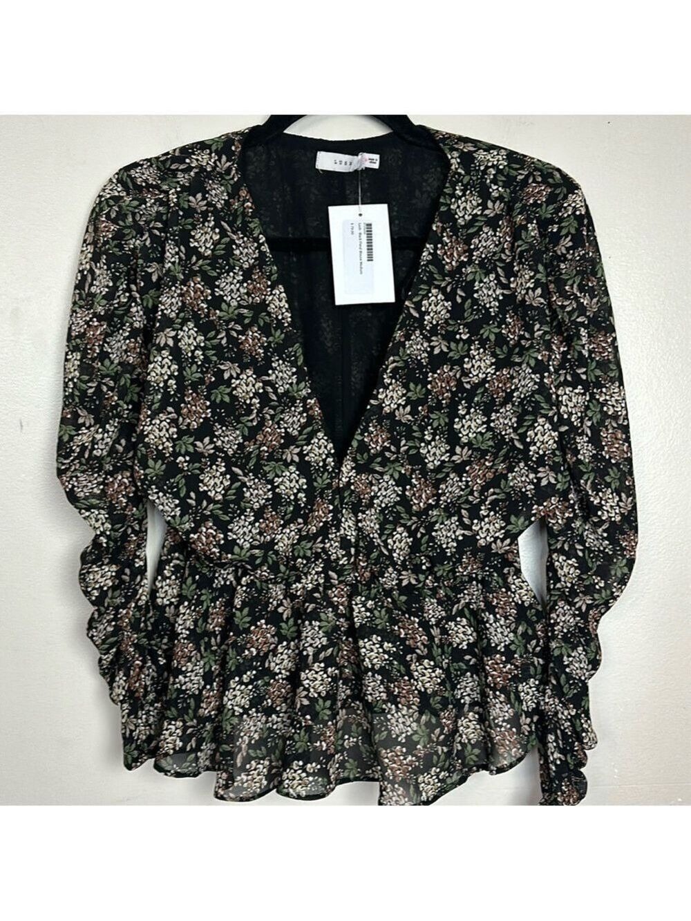 Lush Floral Deep-V Neckline Peplum Style Flowy Sheer Ruched Sleeves Top Blouse